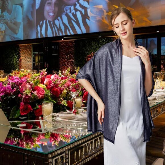 Pashmina Shawl Wraps Scarf Formal - Navy & Silver - Picture 5 of 7